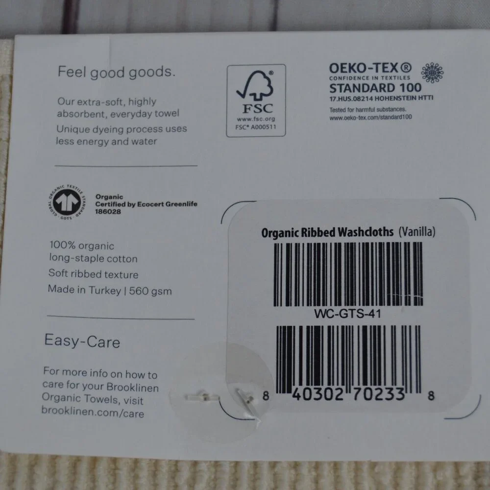 Brooklinen 100% Organic Cotton Ribbed Washcloths Vanilla Set 2 WC-GTS-41 NEW